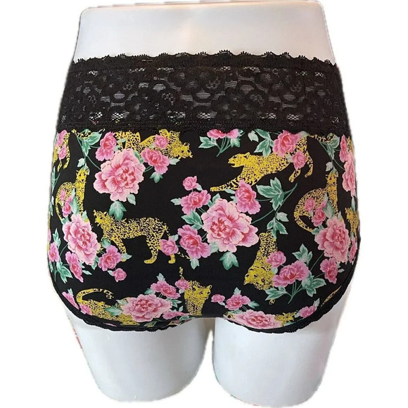 Torrid 1/XL Black Floral & Cheetah Print Scallop Lace Waistband Cheeky Panties - Picture 4 of 6